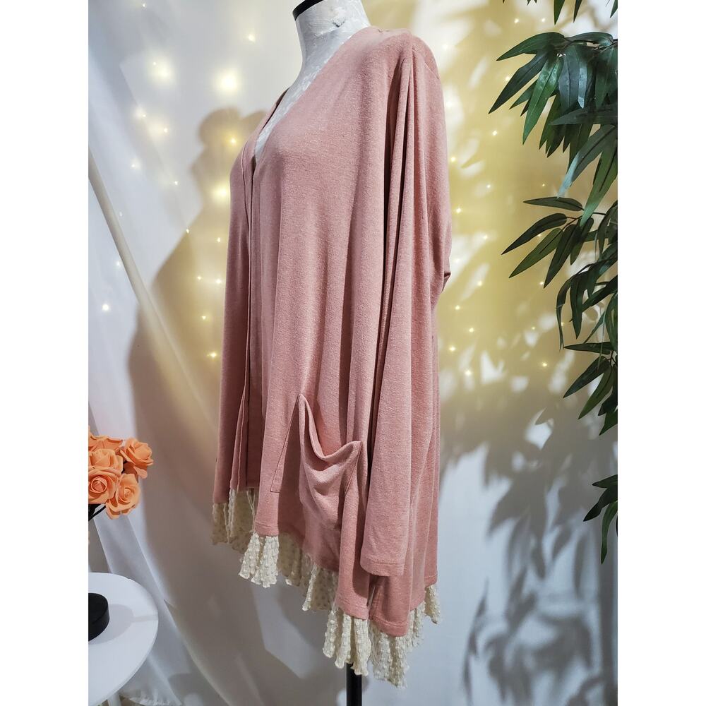 LOGO Lori Goldstein Sweater Knit Cardigan Embroidered Lace Hem Size 2X Pockets - Picture 2 of 12